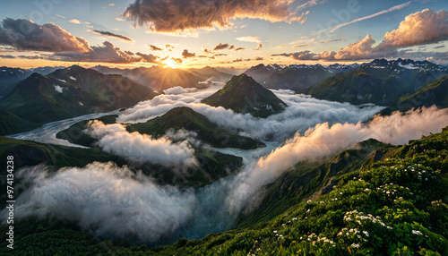 Lever de soleil sur les montagnes et la vallée enveloppée de brume photo