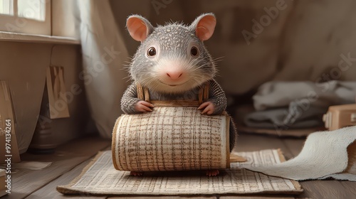  Cute, animated mouse unrolling a mat in a cozy wooden room. Playful and charming, the scene is warm and whimsical, perfect for a lighthearted story. photo