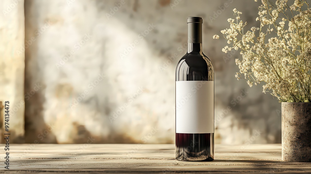 Elegant wine bottle with blank label standing on rustic wooden table, illuminated by soft natural light. Simple scene exudes sophistication and quiet charm. Elegant wine bottle with blank label standing on rustic wooden table, illuminated by soft natural light. Simple scene exudes sophistication and quiet charm.