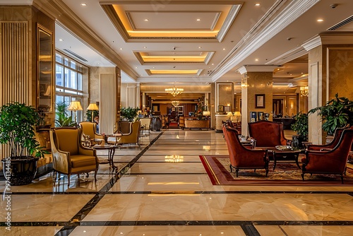 Elegantly furnished hotel lobby showcasing sophisticated design, high resolution.