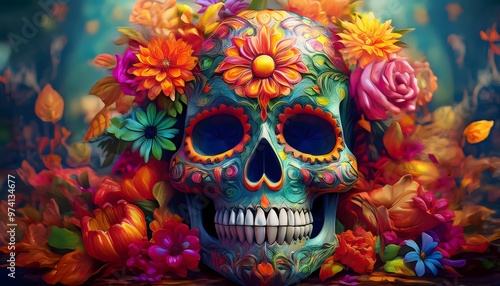 Sugar Skulls and Marigolds on Day of the Dead Altar