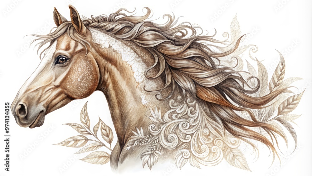 Delicate, hand-drawn illustration of a majestic horse's head in profile, featuring intricate details and textures, set Delicate, hand-drawn illustration of a majestic horse's head in profile, featuring intricate details and textures, set