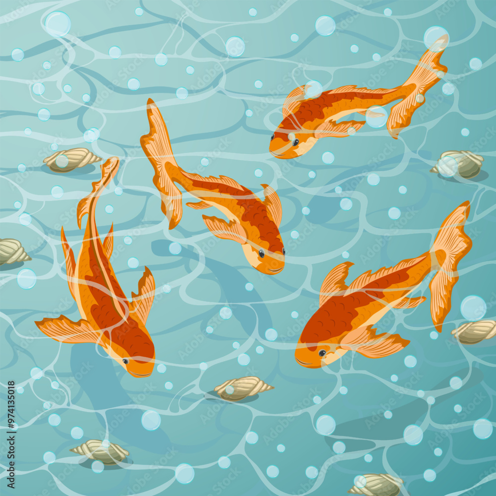 Goldfish and seashells in the water.Illustration with goldfish and seashells in blue water. Goldfish and seashells in the water.Illustration with goldfish and seashells in blue water.