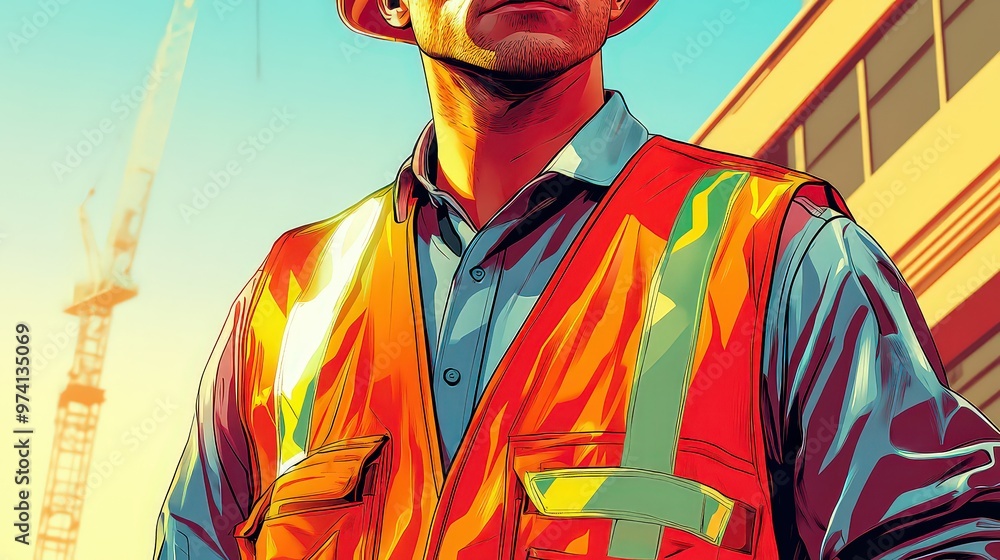 Fototapeta premium Vibrant illustration of a construction worker wearing high-visibility gear, confidently standing in front of cranes and urban development.