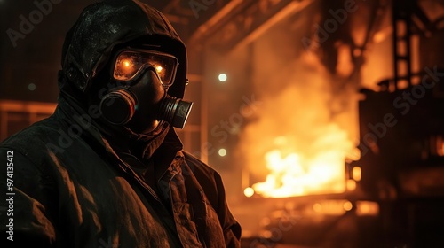 A figure in a gas mask stands against a fiery industrial backdrop, embodying themes of danger, survival, and urban decay. photo