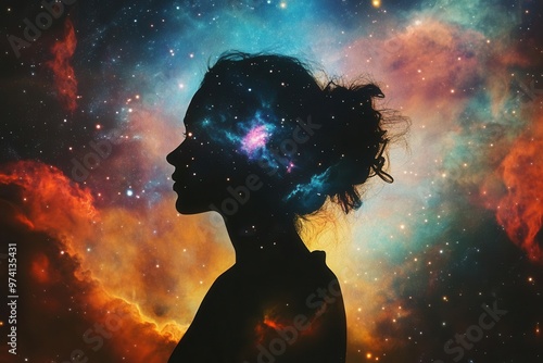 A silhouette of a woman filled with a cosmic galaxy, representing imagination and the vastness of the universe. photo