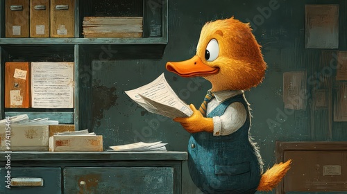 Duck in a tie waddles around an office, methodically filing papers into a cabinet with its beak, ensuring each document is neatly organized. photo