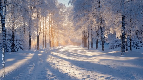 Snow-covered pine tree in serene winter mountain landscape