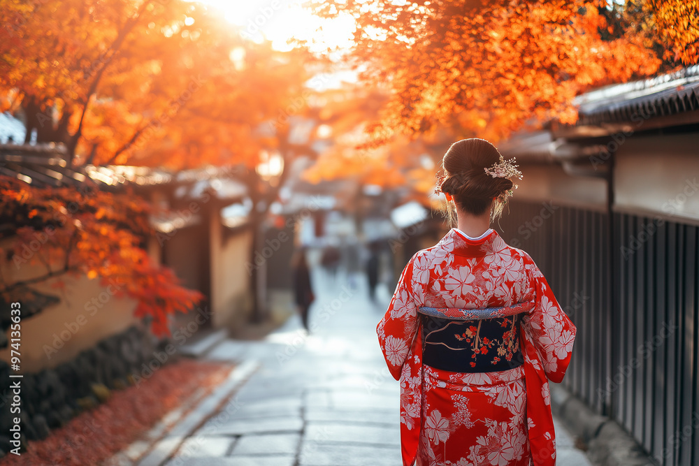 Happy young traveler woman wearing Japanese traditional kimono enjoying beautiful in Autumn season Happy young traveler woman wearing Japanese traditional kimono enjoying beautiful in Autumn season