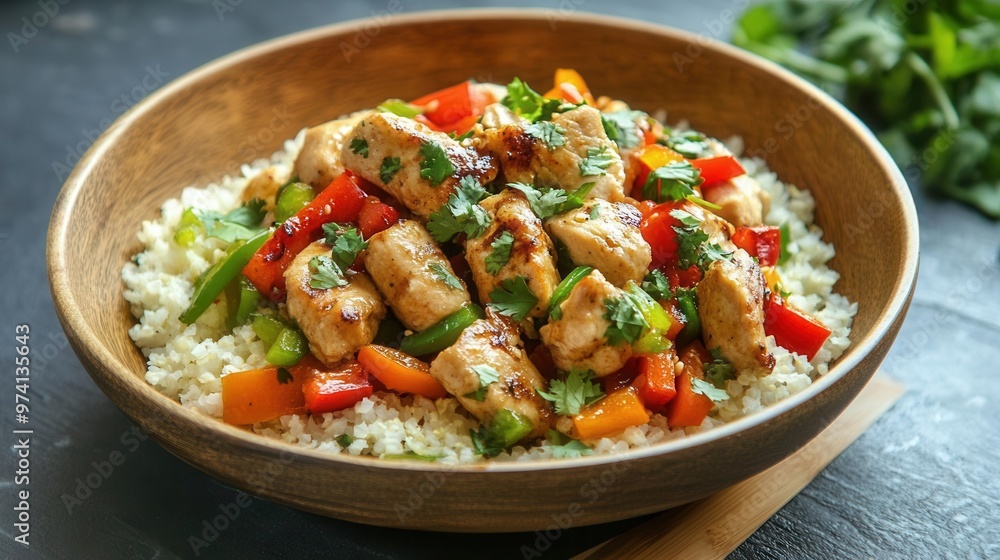 Cauliflower rice stirfry with chicken, bell peppers, and a soyginger sauce, lowcarb, Asianinspired healthy meal Cauliflower rice stirfry with chicken, bell peppers, and a soyginger sauce, lowcarb, Asianinspired healthy meal