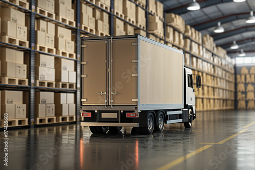 Truck filled with shipping boxes in a warehouse. Supply chain, shipment, warehouse and logistics