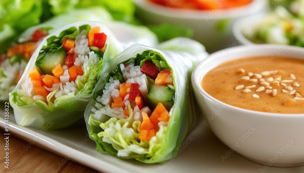 Fresh vegetable spring rolls served with a creamy peanut sauce, perfect for a healthy snack or appetizer. Fresh vegetable spring rolls served with a creamy peanut sauce, perfect for a healthy snack or appetizer.