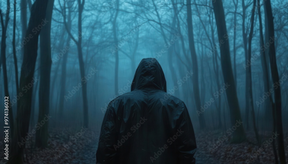 Mysterious figure in a raincoat walking through a foggy forest at dusk, eerie and suspenseful Mysterious figure in a raincoat walking through a foggy forest at dusk, eerie and suspenseful