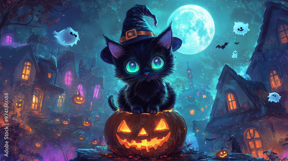 A cute black cat with glowing blue eyes, wearing a witch hat, sitting on a Jack-O'-Lantern in a whimsical Halloween village, surrounded by friendly ghosts and a glowing full moon. A cute black cat with glowing blue eyes, wearing a witch hat, sitting on a Jack-O'-Lantern in a whimsical Halloween village, surrounded by friendly ghosts and a glowing full moon.