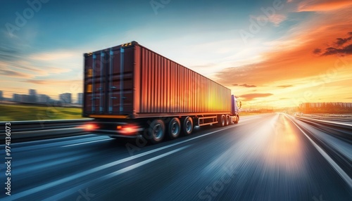 Shipping containers being transported by a large freight truck, logistics on the road, supply chain in motion