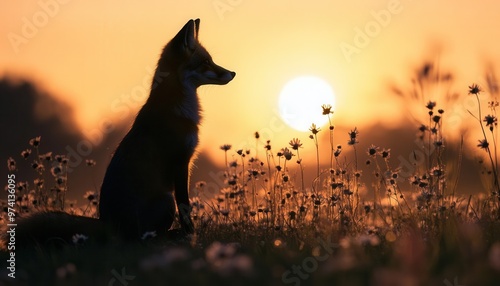Silhouette of a fox sitting in a meadow at twilight, wildflowers in the foreground, ethereal and calm