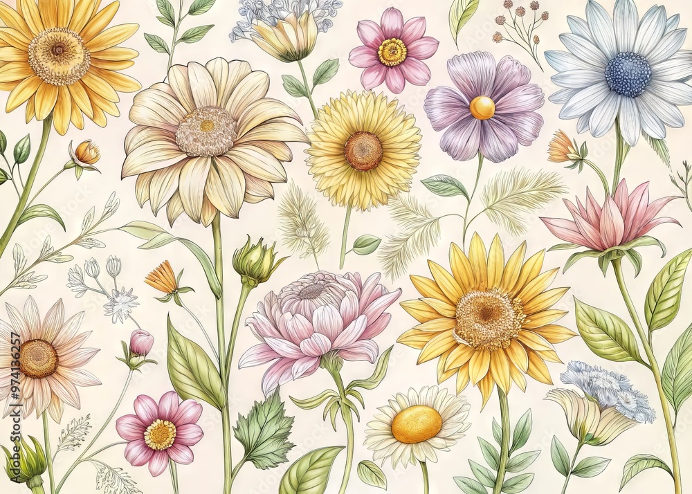 Delicate, hand-drawn outlines of various flowers, including daisies, sunflowers, and lilies, in soft, pastel colors, Delicate, hand-drawn outlines of various flowers, including daisies, sunflowers, and lilies, in soft, pastel colors,