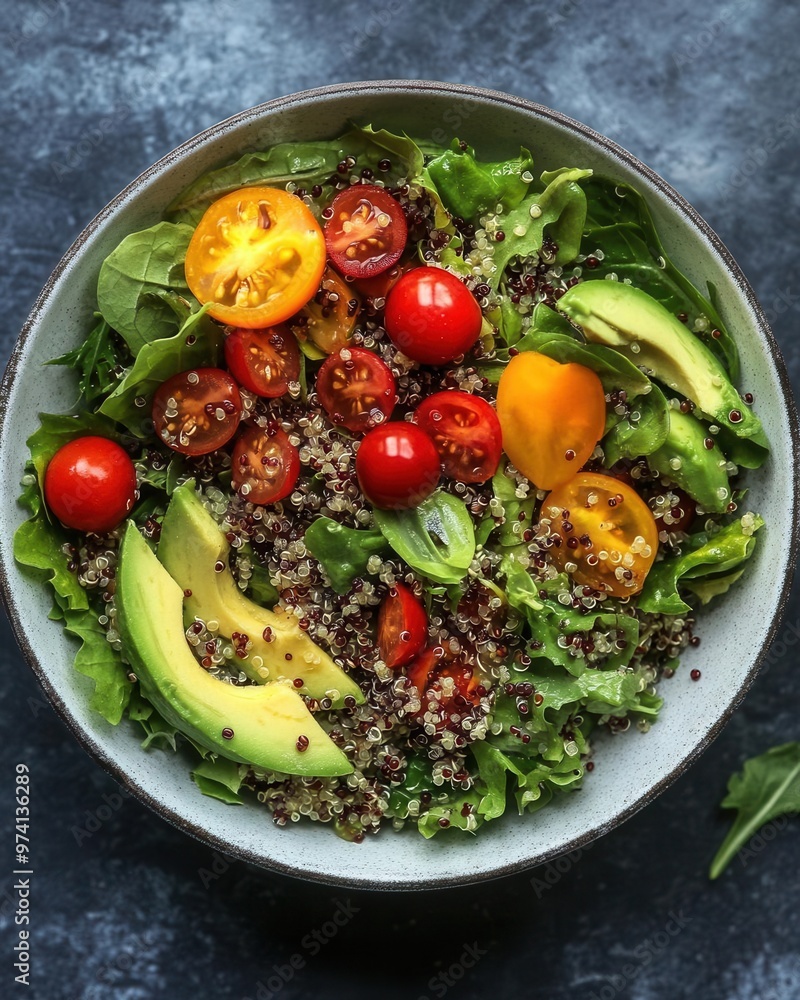 Vibrant quinoa salad with mixed greens, avocado, and cherry tomatoes, healthy meal, lowcalorie nutrition Vibrant quinoa salad with mixed greens, avocado, and cherry tomatoes, healthy meal, lowcalorie nutrition