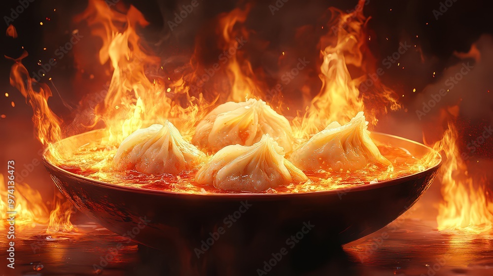 Fiery dumplings immersed in bubbling broth, flames surrounding the dish. Evokes heat, bold flavors, and excitement, ideal for lovers of spicy, dramatic cuisine. Fiery dumplings immersed in bubbling broth, flames surrounding the dish. Evokes heat, bold flavors, and excitement, ideal for lovers of spicy, dramatic cuisine.