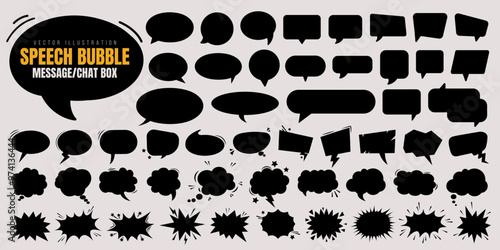 Set of speech bubble, comic sticker, chat box and empty social media message balloon silhouette or communication network symbol in doodle cartoon style. Information, idea, quote or fun dialogue frame.