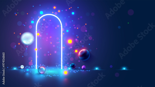Magic door way in abstract metaverse. Future astrology mystery door or portal opened in other words. Neon gate glowing in the dark. Neon doorway in shape arch door without walls. Time machine concept.