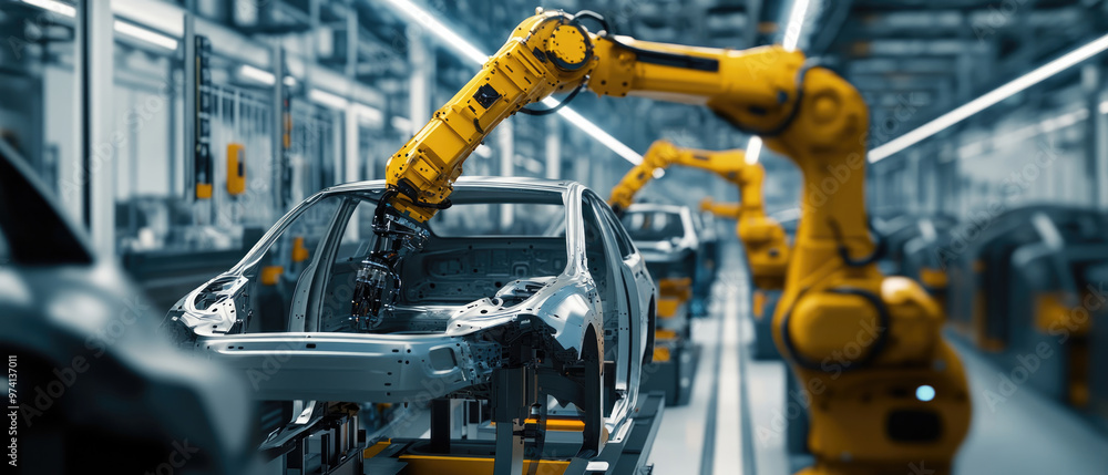 A car is being built in a factory with robots. The car is in the middle of the factory and is surrounded by other cars. The robots are working on the car's body A car is being built in a factory with robots. The car is in the middle of the factory and is surrounded by other cars. The robots are working on the car's body