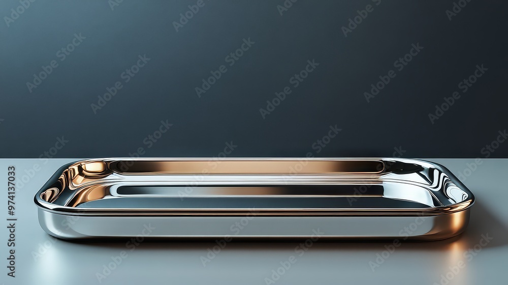 Reflective metallic tray with clean lines shines under soft lighting, representing sleek modern design and practicality. Reflective metallic tray with clean lines shines under soft lighting, representing sleek modern design and practicality.
