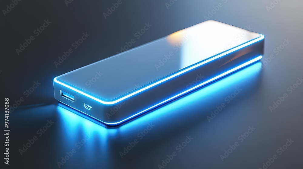 Glossy rectangular device with soft blue glow on edges reflects cutting-edge technology and sleek minimalistic design. Glossy rectangular device with soft blue glow on edges reflects cutting-edge technology and sleek minimalistic design.