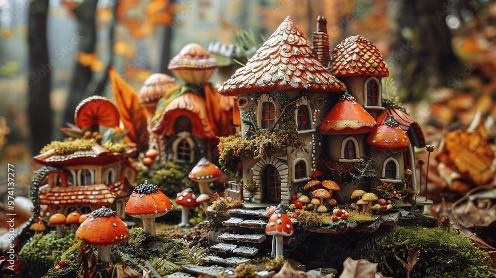 Fototapeta premium Miniature Mushroom House Fairy Tale Fantasy Forest