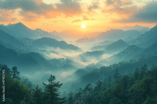 A peaceful sunrise over a mountain range