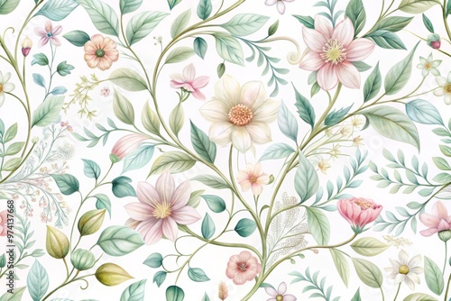 Delicate illustration of intertwined flowers, foliage, and vines in soft pastel hues, creating a whimsical and elegant