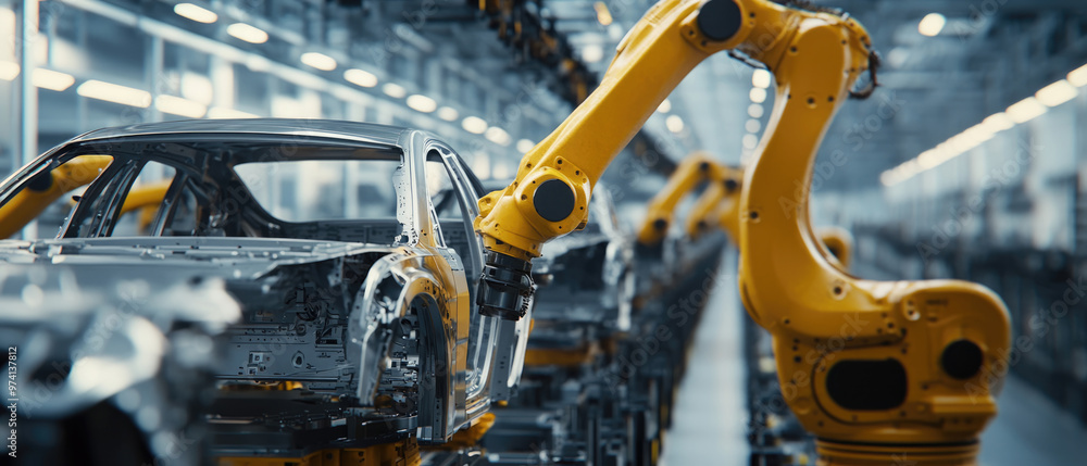 A robot is working on a car in a factory. The robot is yellow and has a long arm A robot is working on a car in a factory. The robot is yellow and has a long arm