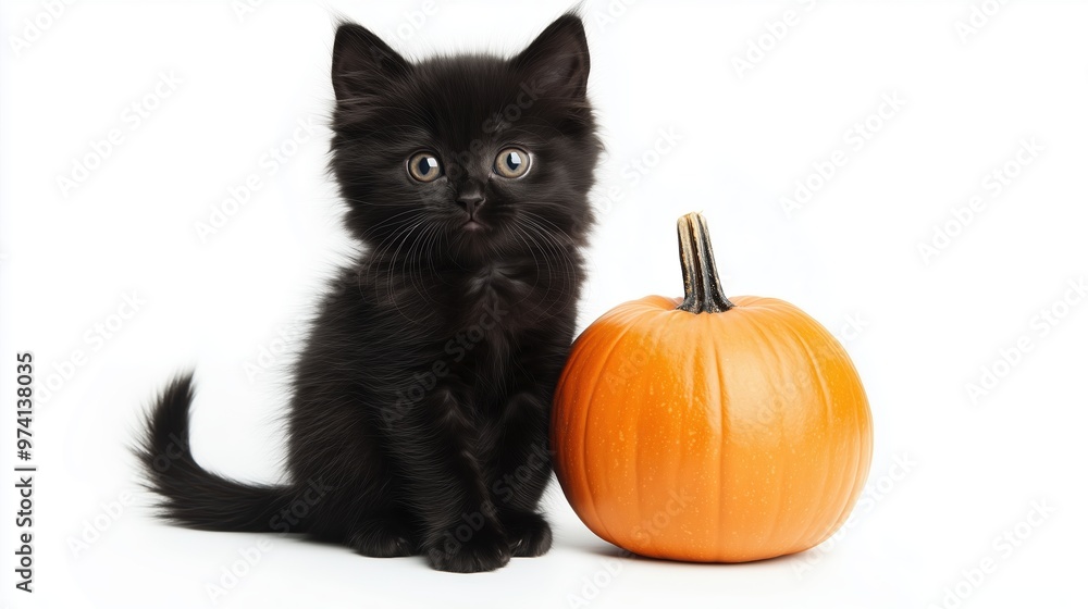 Long-haired black kitten with pumpkin on a white background Long-haired black kitten with pumpkin on a white background