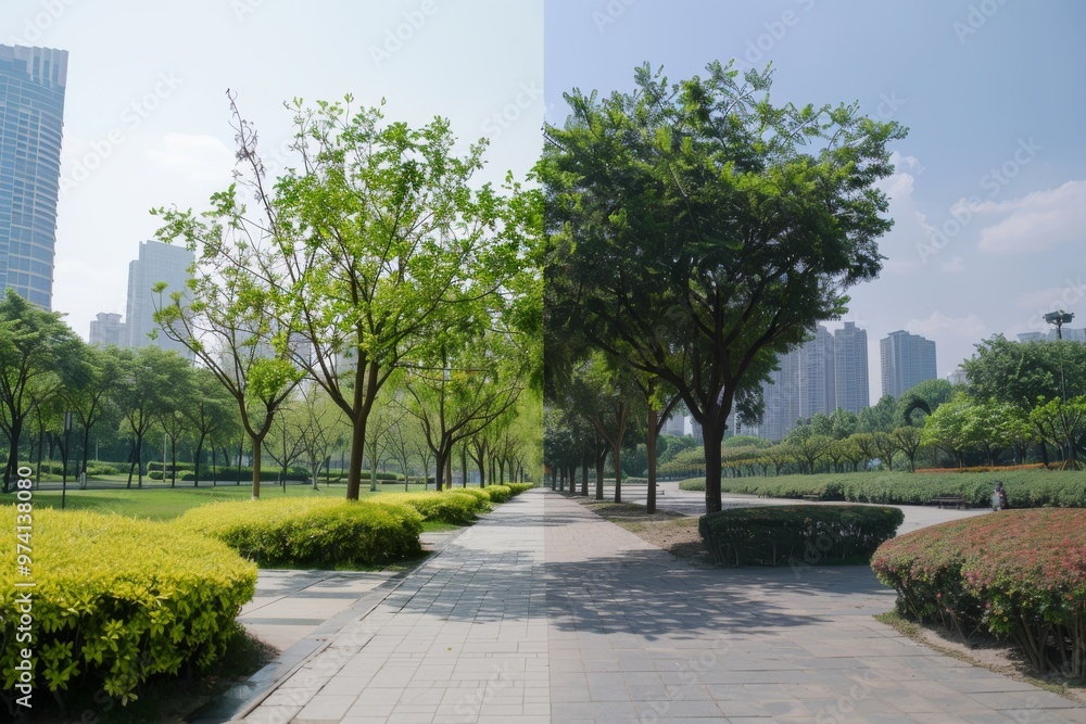 Fototapeta premium Urban Park Split in Two: Day and Night