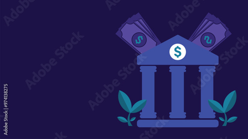 Financial banking concept vector banner design illustration. Investment idea cover with bank facility, dollar sign and currency notes icon all on a blue horizontal background 