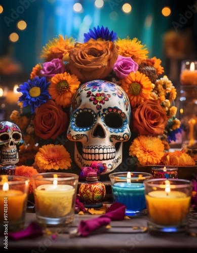 Colorful Day of the Dead Altar with Candles and Flowers. Sugar Skulls and Marigolds on Day of the Dead Altar