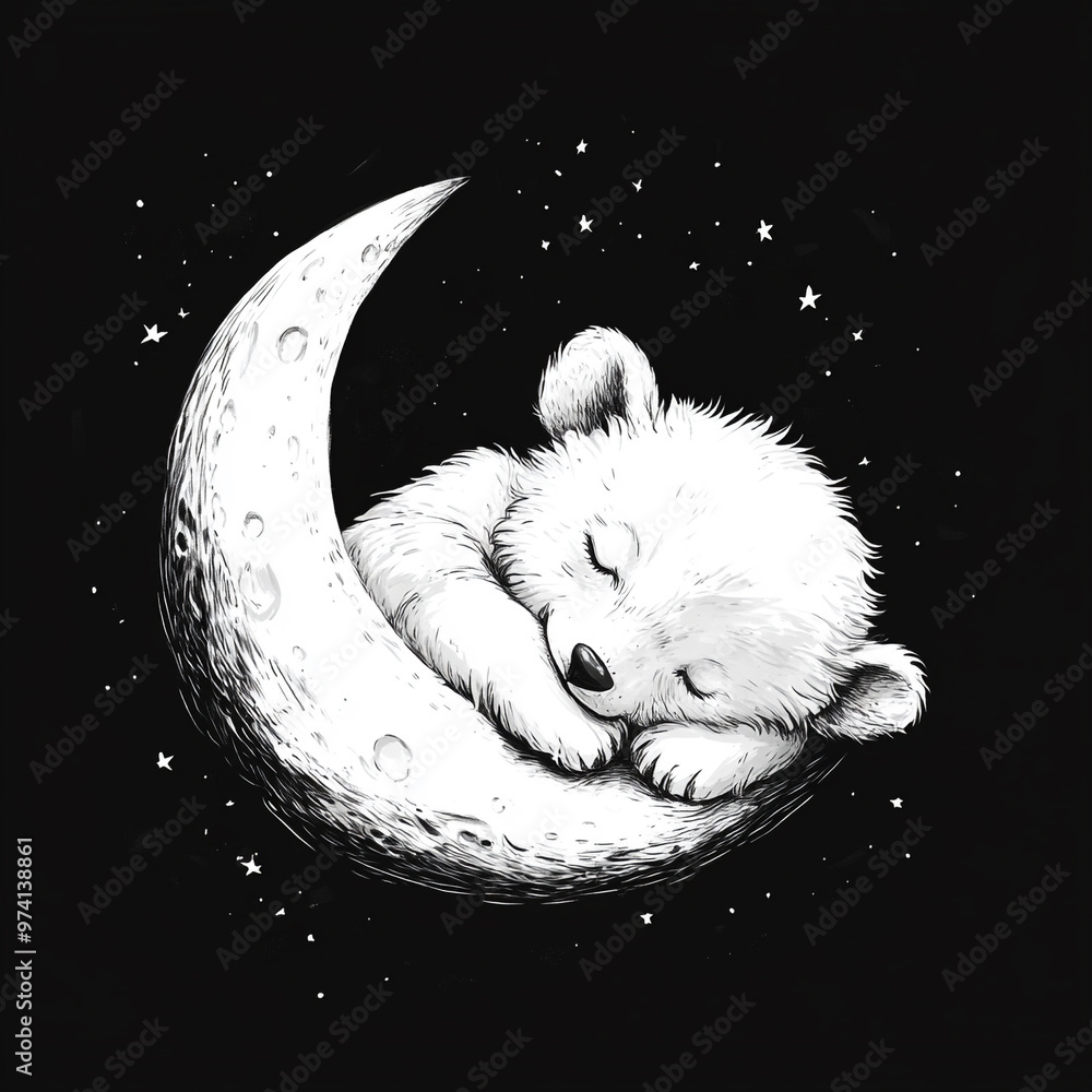 Bear cub sweetly sleeping on a crescent moon. A fairy tale character ...