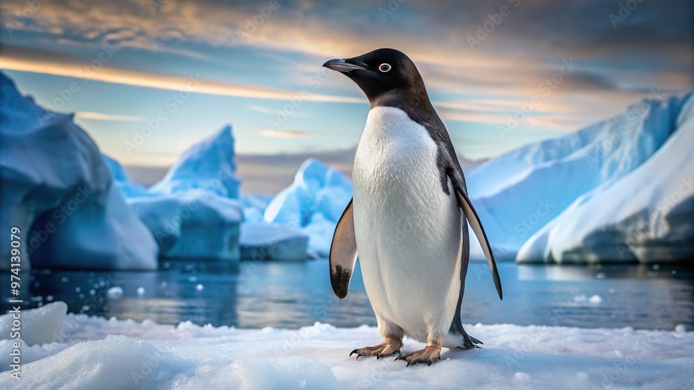 Obraz premium A curious adult Adelie penguin stands upright on Antarctic ice, its distinctive white eye patches and feathers glistening in the bright, snowy winter landscape.