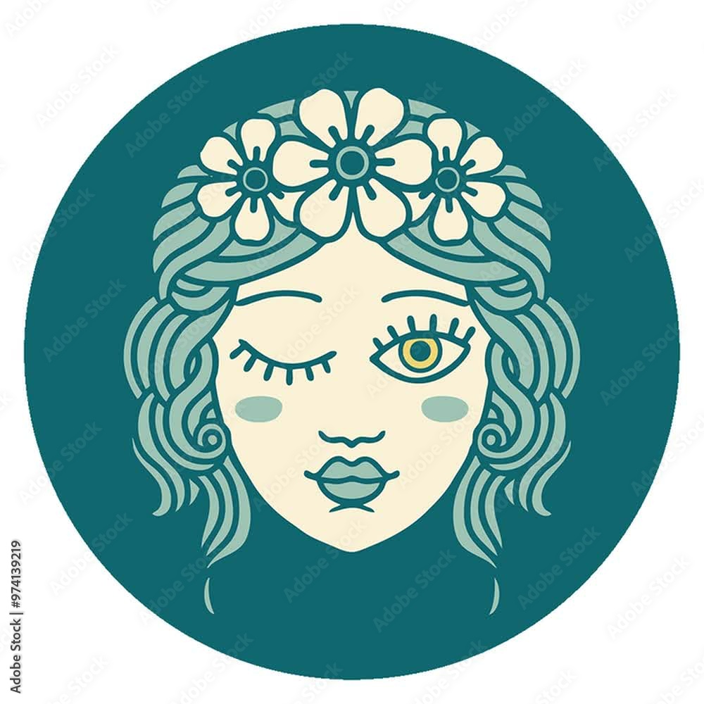 iconic tattoo style image of a maidens face winking iconic tattoo style image of a maidens face winking
