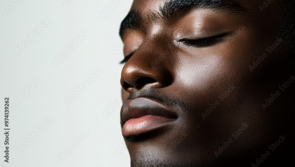 portrait of black man model with eyes closed, side profile, neutral background, studio lighting portrait of black man model with eyes closed, side profile, neutral background, studio lighting