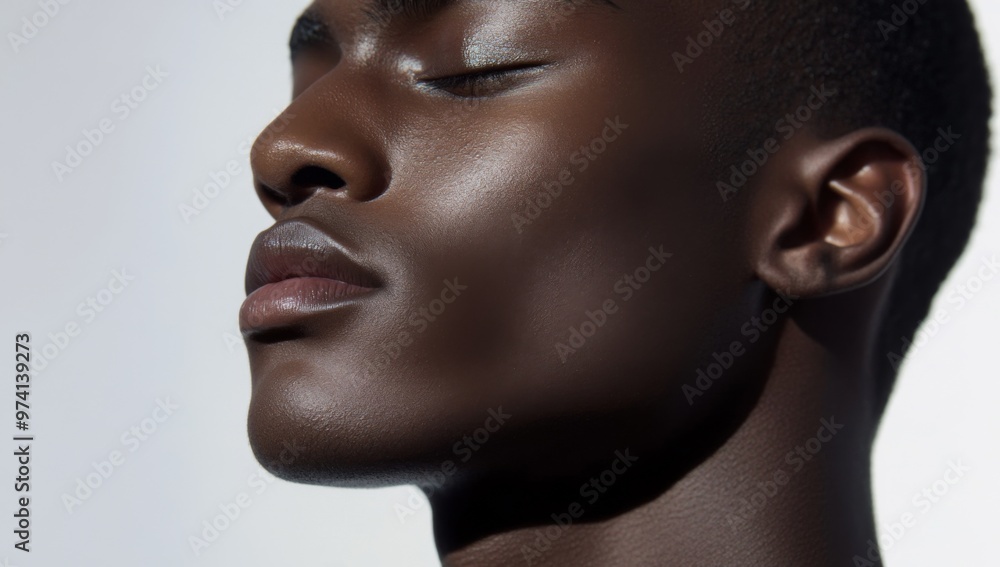 Close-up portrait of black man model with eyes closed, side profile, neutral background, studio lighting Close-up portrait of black man model with eyes closed, side profile, neutral background, studio lighting
