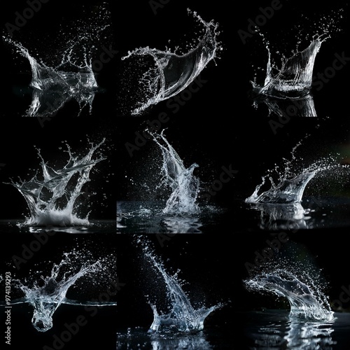 Water splashes are captured against a black background. The movement of the water creates various shapes and patterns.