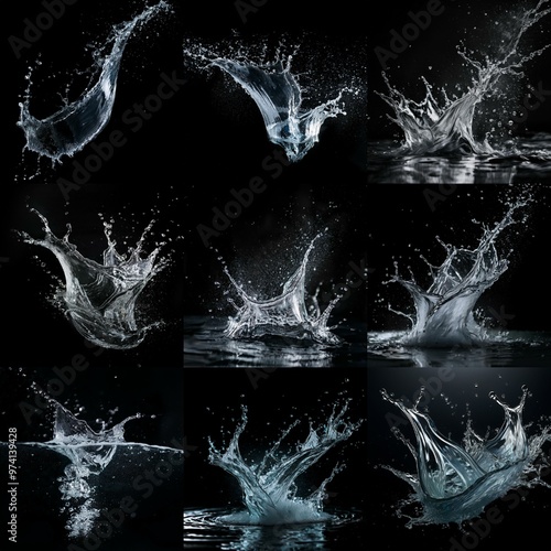 A collage of nine images showcasing water splashes frozen in motion against a black background.