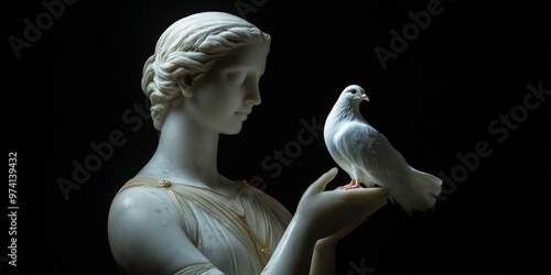 A stunning white marble statue of a woman holding a dove creates a serene and peaceful atmosphere. The elegant design captures emotions beautifully. Perfect for art lovers. AI photo