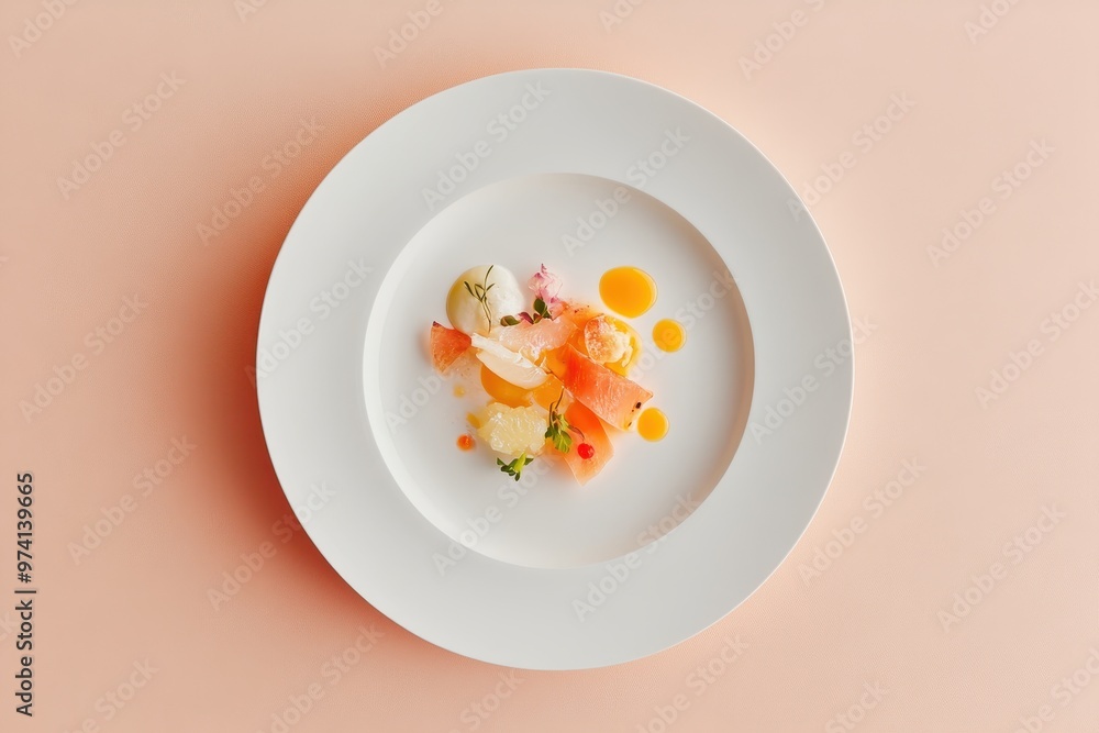 A beautifully plated gourmet dish featuring various seafood and colorful garnishes. A beautifully plated gourmet dish featuring various seafood and colorful garnishes.