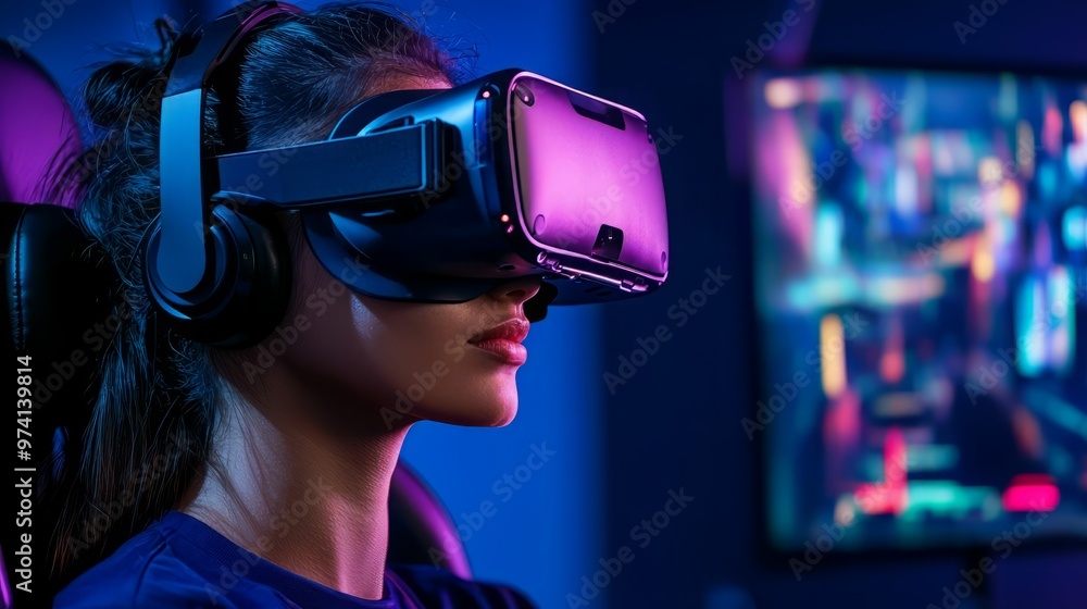 A woman wearing virtual reality headset engages in immersive gaming experience in a dark setting with vibrant screen lights.