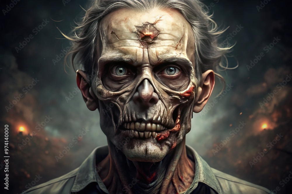 A hauntingly realistic illustration of a decaying zombie's gruesome face with torn flesh, exposed bones, and empty eye sockets, set against a dark, eerie background. A hauntingly realistic illustration of a decaying zombie's gruesome face with torn flesh, exposed bones, and empty eye sockets, set against a dark, eerie background.