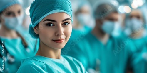 A confident female surgeon stands out with her focused gaze amid a team of medical professionals. The image conveys the seriousness of healthcare work in bright surgical attire. AI