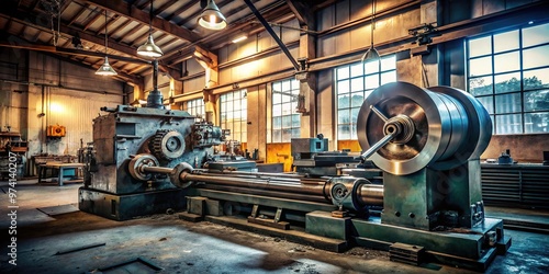 A large, industrial metalworking lathe machine with a rotating cylindrical axis stands idle, surrounded by tools and hardware in a dimly lit factory workshop.