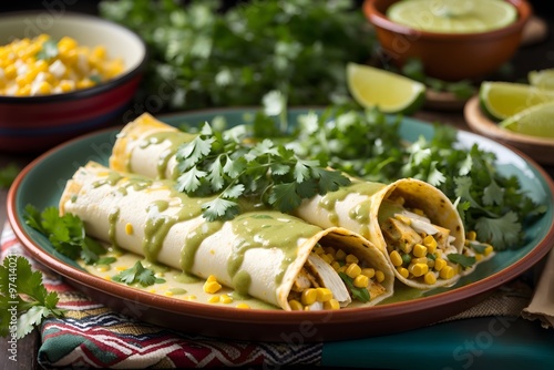 Enchiladas Verdes: Corn tortillas filled with chicken and covered in a tangy green tomatillo sauce, topped with cheese and crema. 